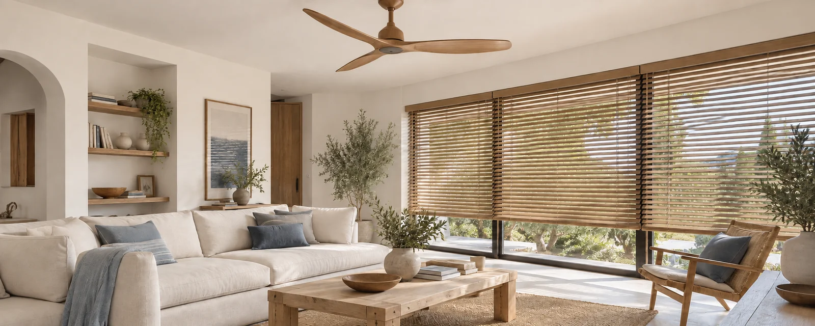 Salon avec brasseur d’air au plafond et stores filtrant la lumière naturelle