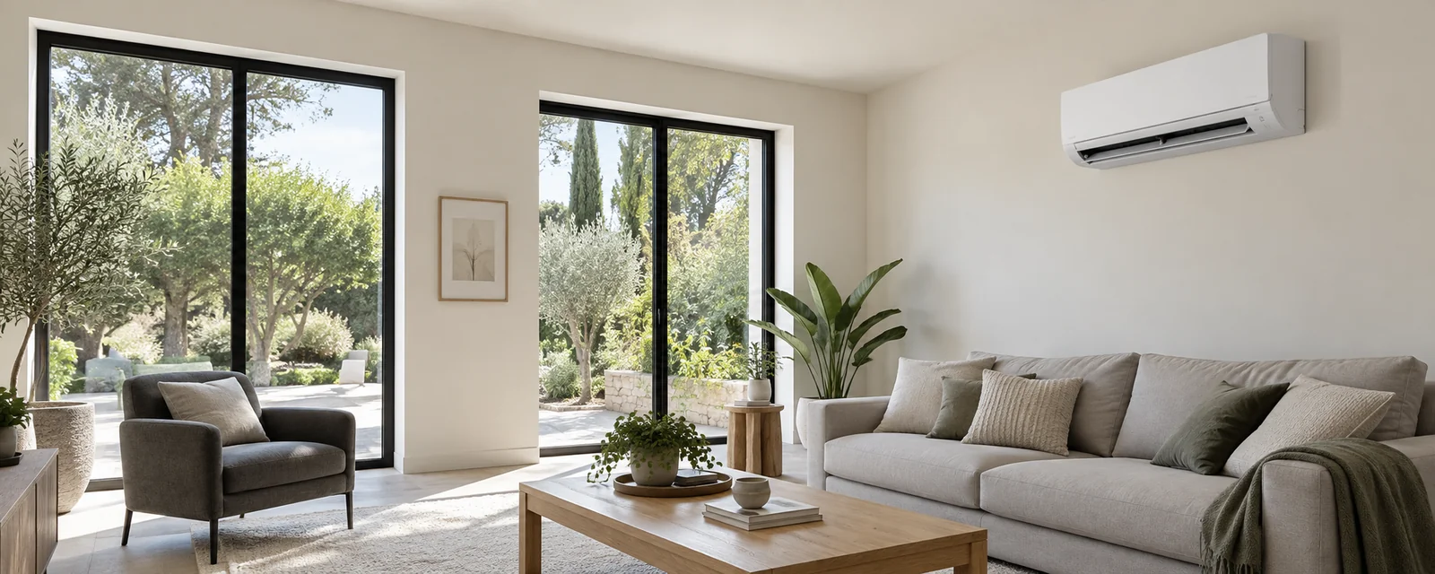 Salon lumineux avec climatisation murale bien visible au-dessus du canapé